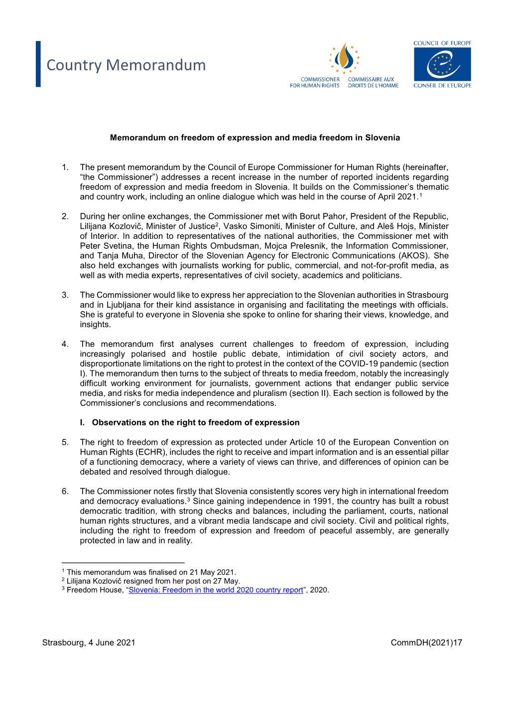 Memorandum on Freedom of Expression and Media Freedom in Slovenia