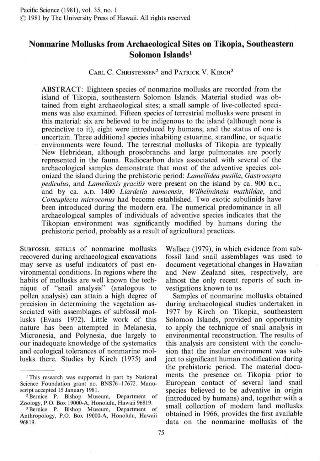 Nonmarine Mollusks from Archaeological Sites on Tikopia, Southeastern Solomon Islands1