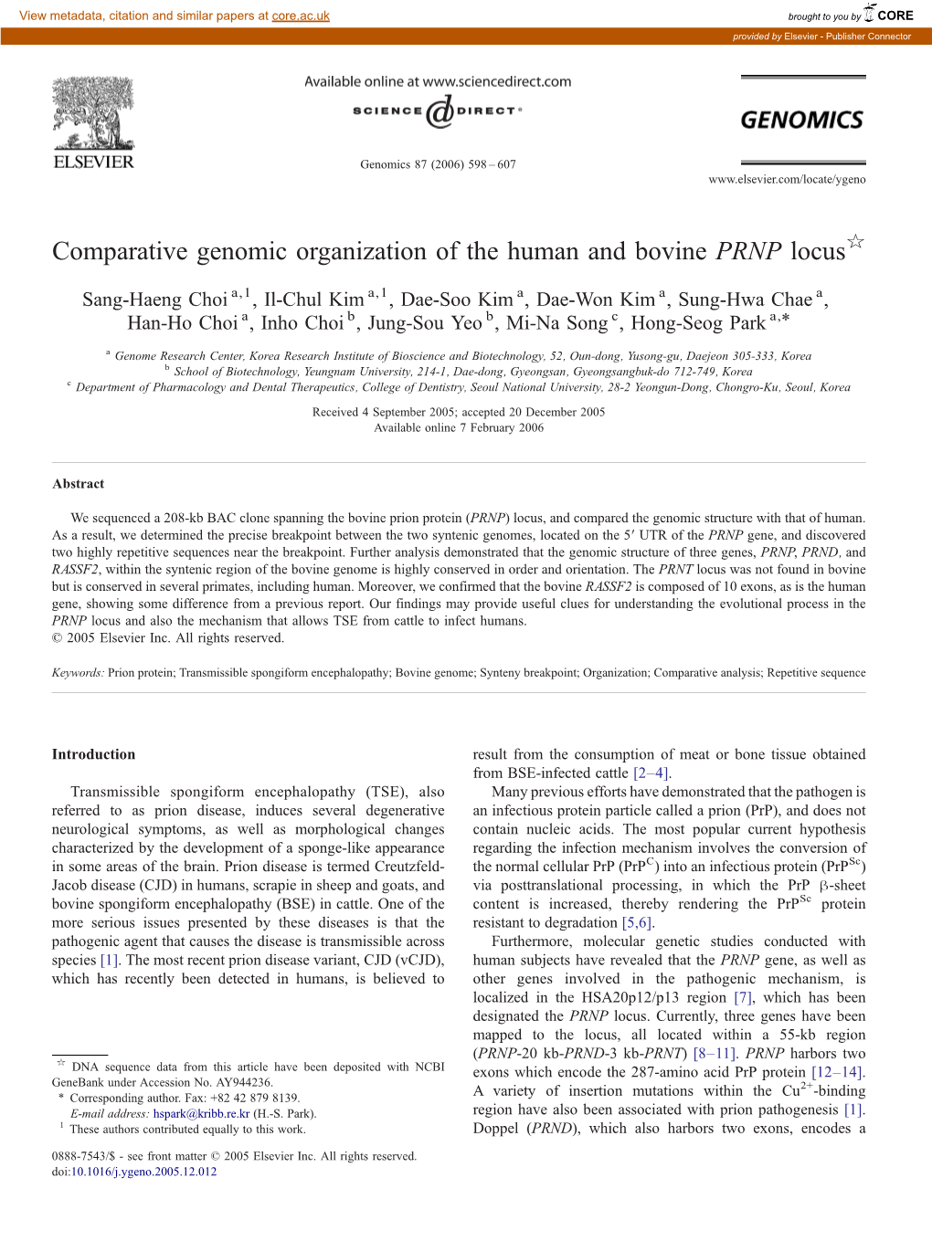 Comparative Genomic Organization of the Human and Bovine PRNP Locus☆