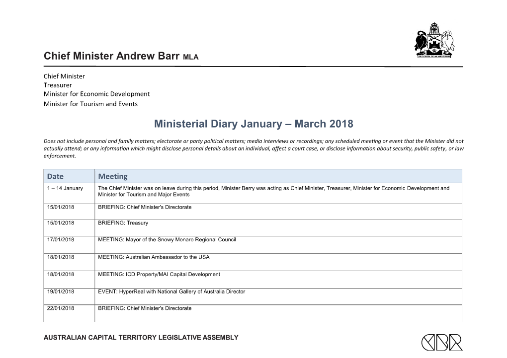 Chief Minister Bar MLA Ministerial Diary Jan-March 2018