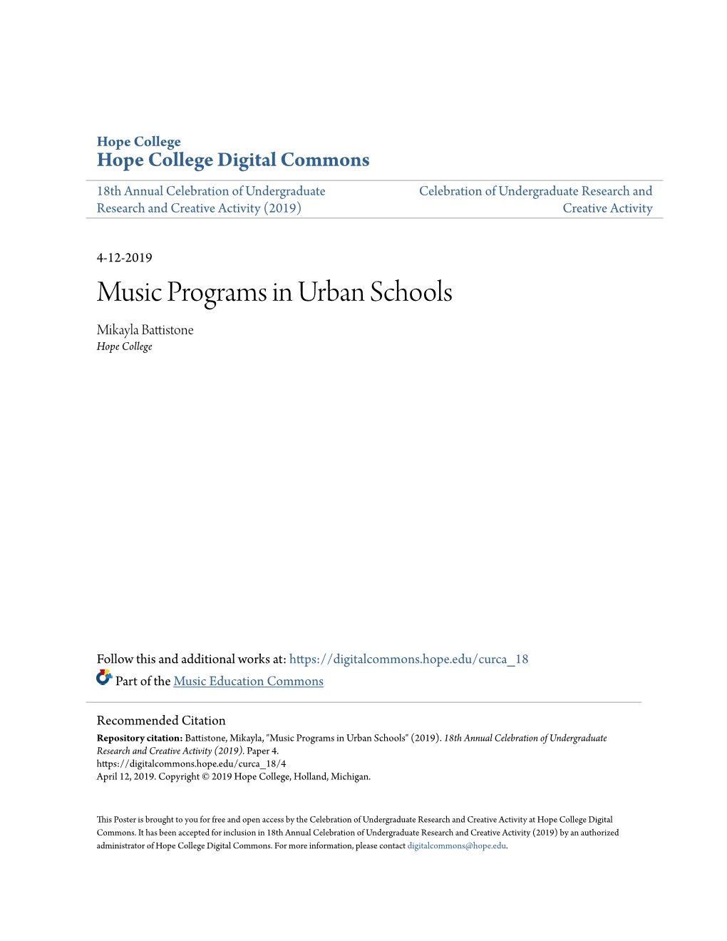 Music Programs in Urban Schools Mikayla Battistone Hope College