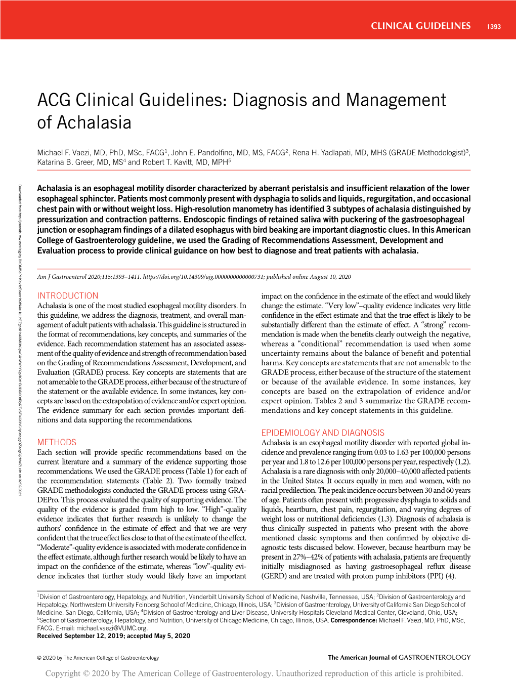 ACG Clinical Guidelines: Diagnosis and Management of Achalasia