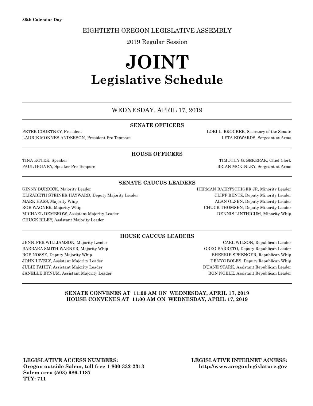 JOINT Legislative Schedule