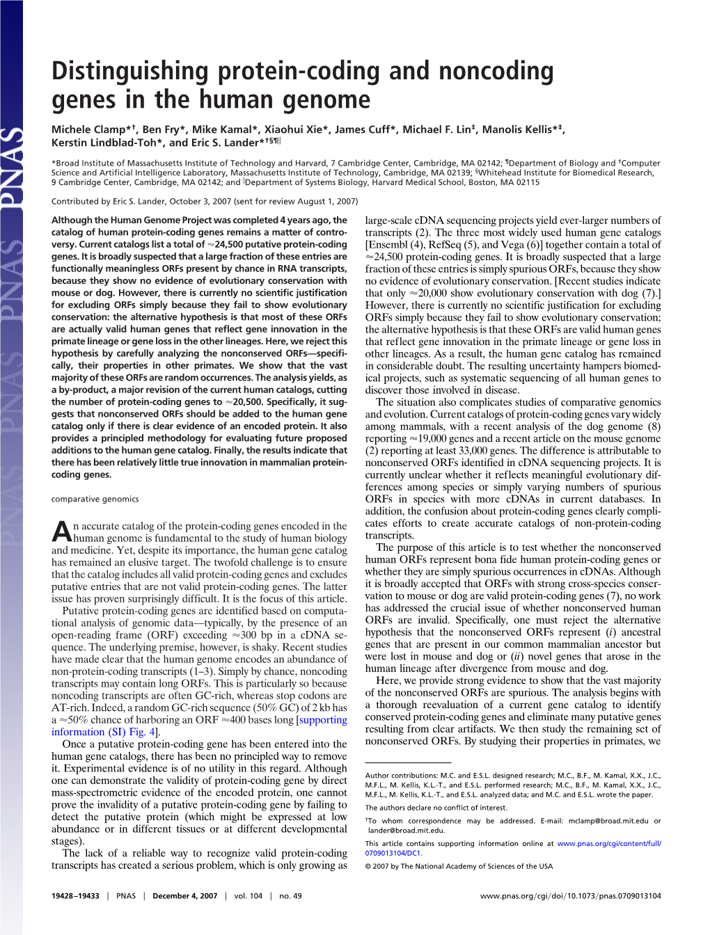 Distinguishing Protein-Coding and Noncoding Genes in the Human Genome