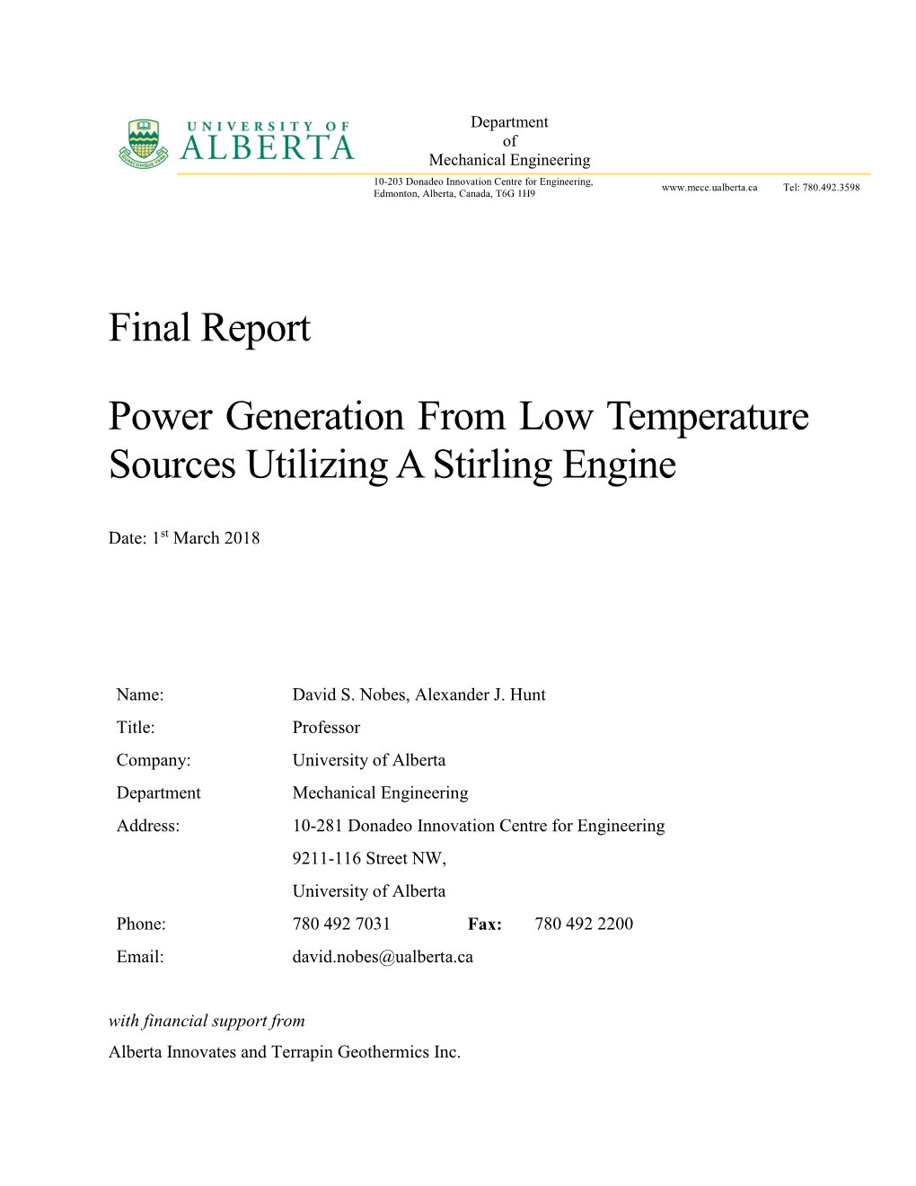 Final Report Power Generation from Low Temperature Sources Utilizing a Stirling Engine