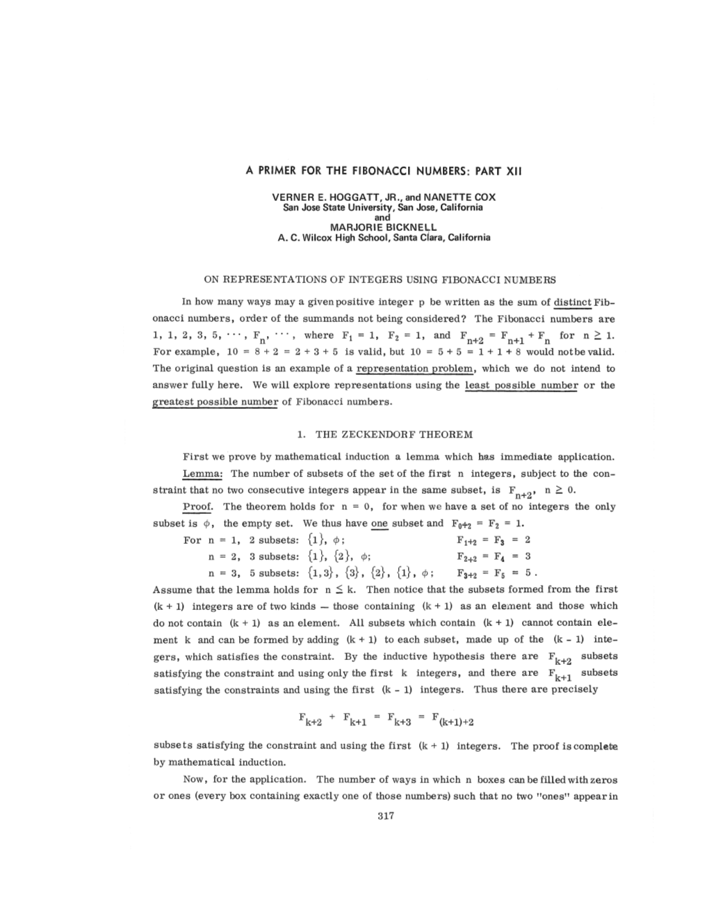 A Primer for the Fibonacci Numbers: Part Xii On