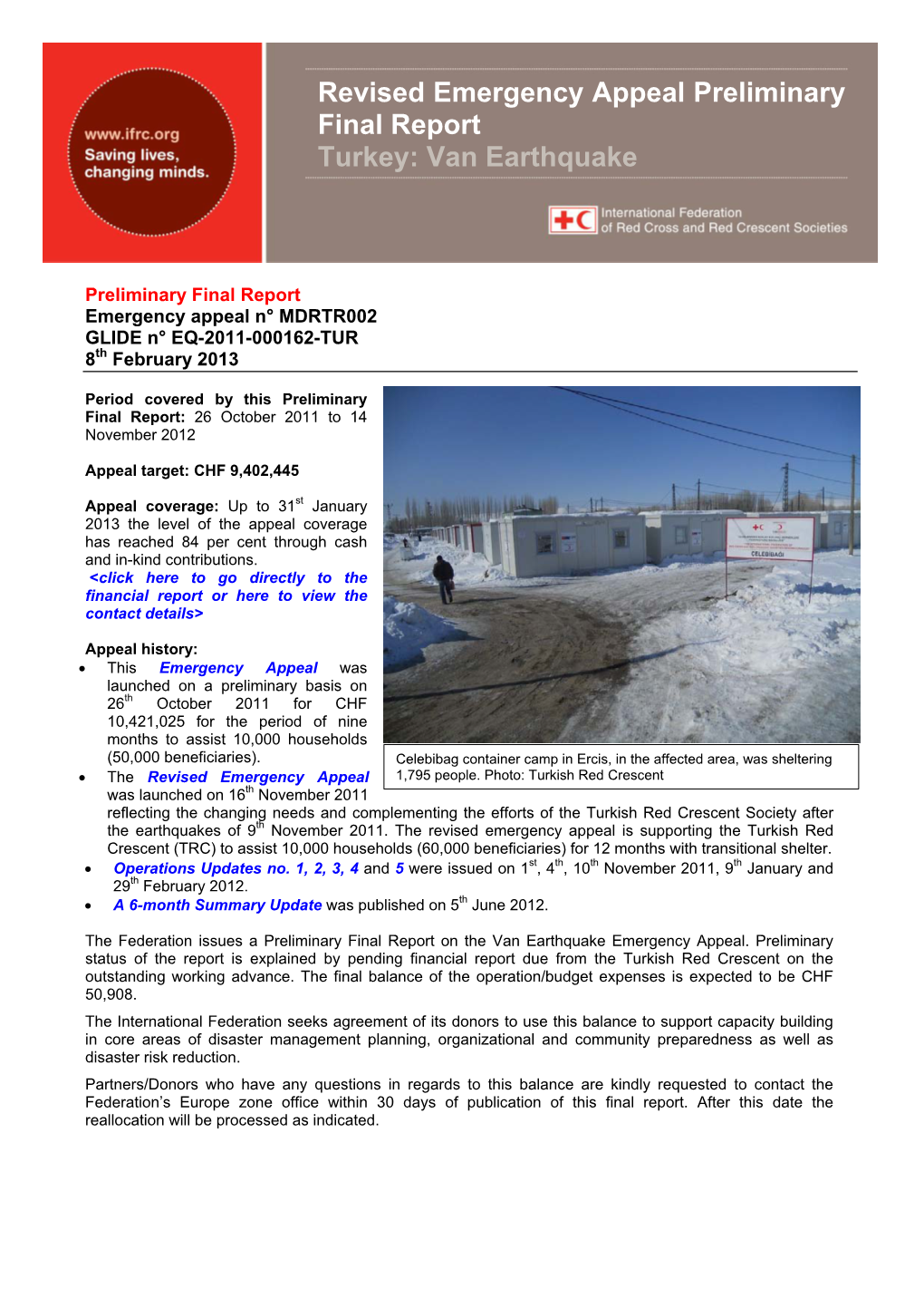 Revised Emergency Appeal Preliminary Final Report Turkey: Van Earthquake