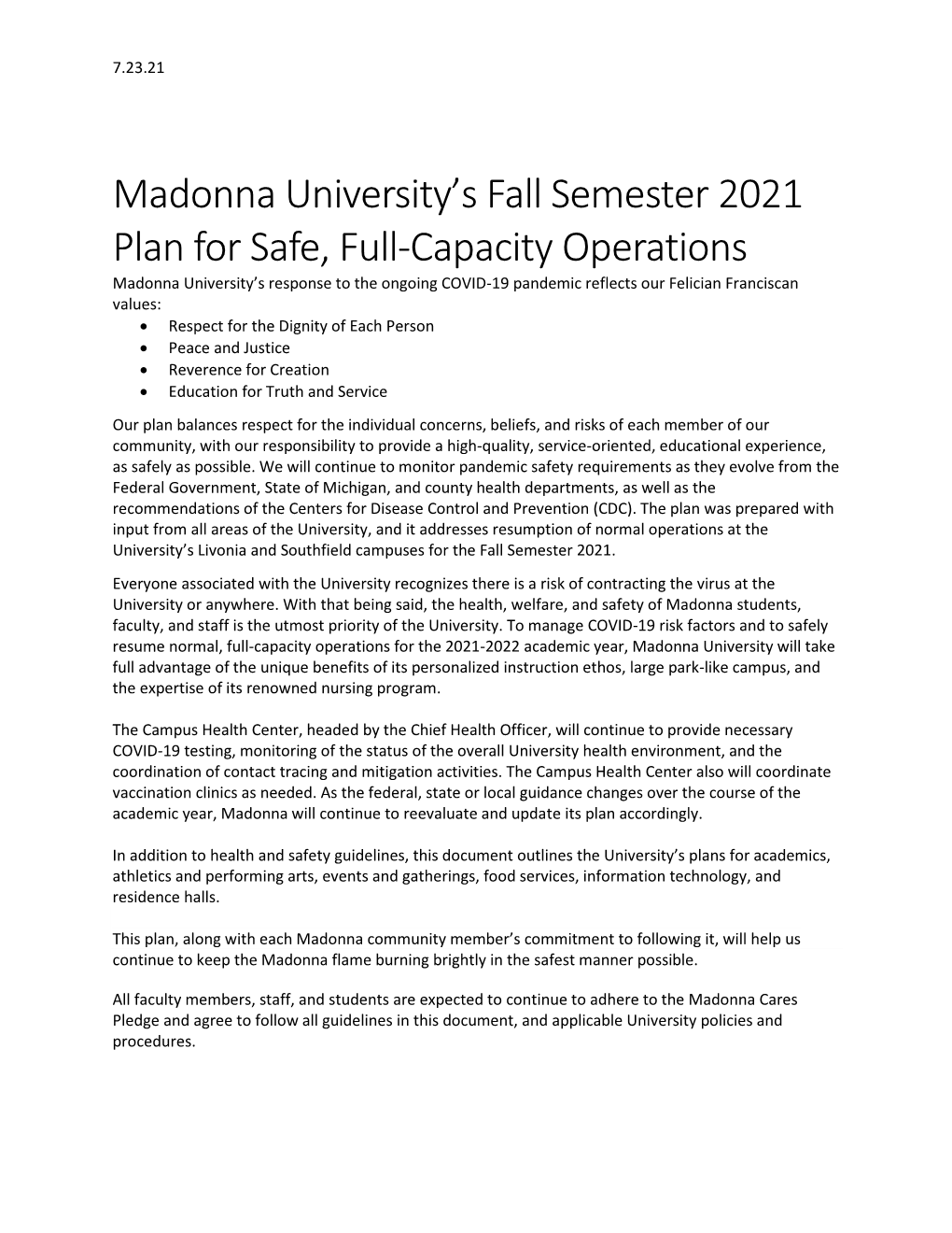 Fall Semester 2021 Full-Capacity Operations Plan