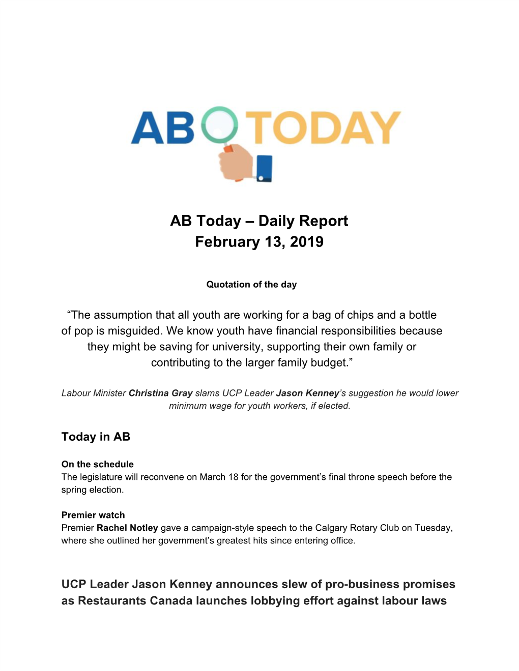 AB Today – Daily Report February 13, 2019