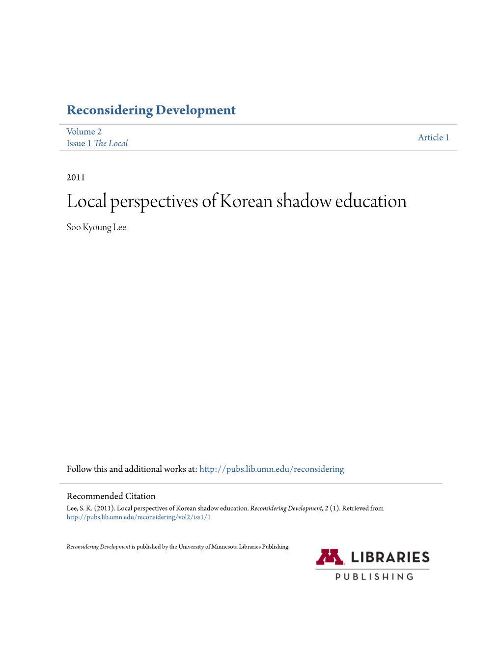 Local Perspectives of Korean Shadow Education Soo Kyoung Lee