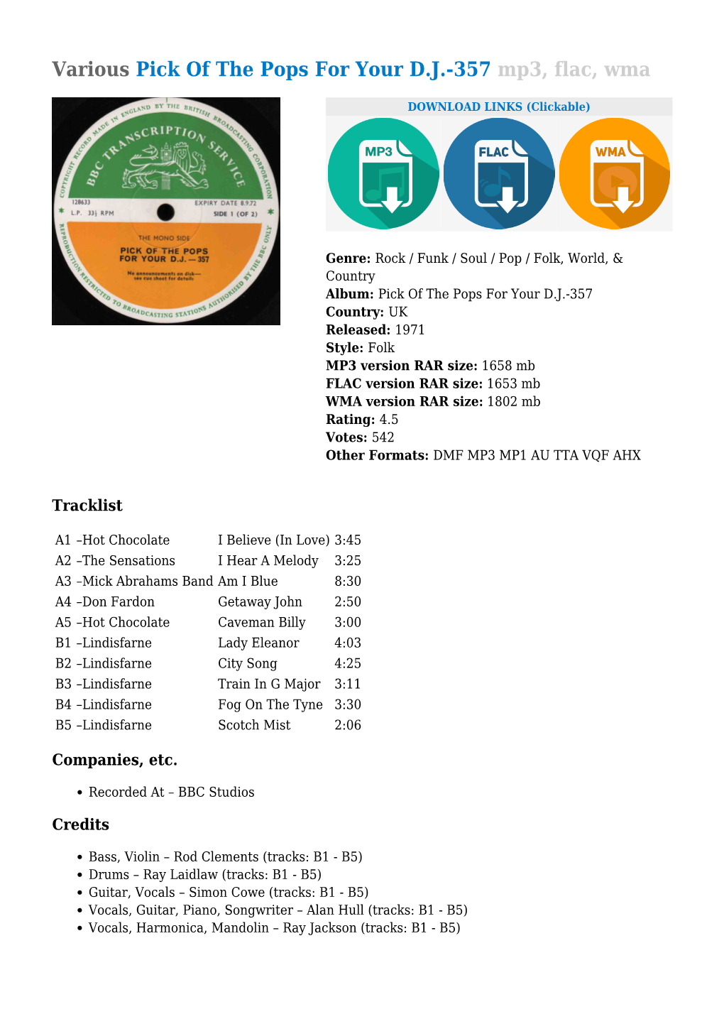 Various Pick of the Pops for Your DJ-357 Mp3, Flac