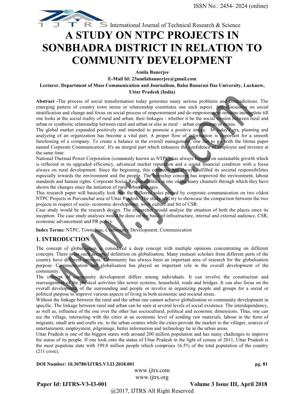A Study on Ntpc Projects in Sonbhadra District in Relation to Community Development