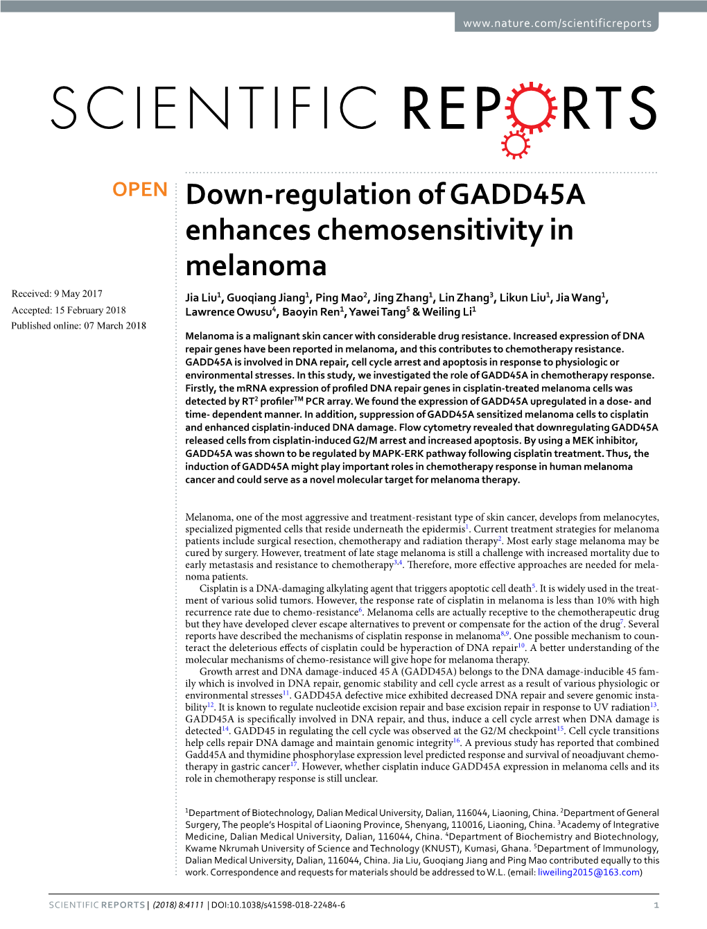 Down-Regulation of GADD45A Enhances Chemosensitivity In