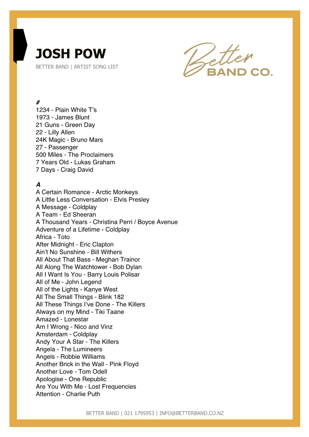 Josh Pow Better Band | Artist Song List