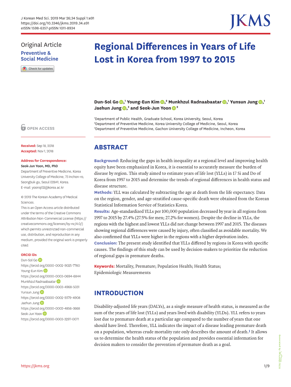 Regional Differences in Years of Life Lost in Korea from 1997 to 2015