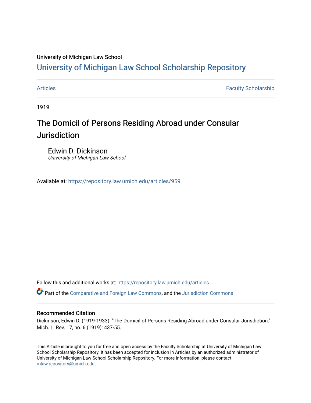 The Domicil of Persons Residing Abroad Under Consular Jurisdiction