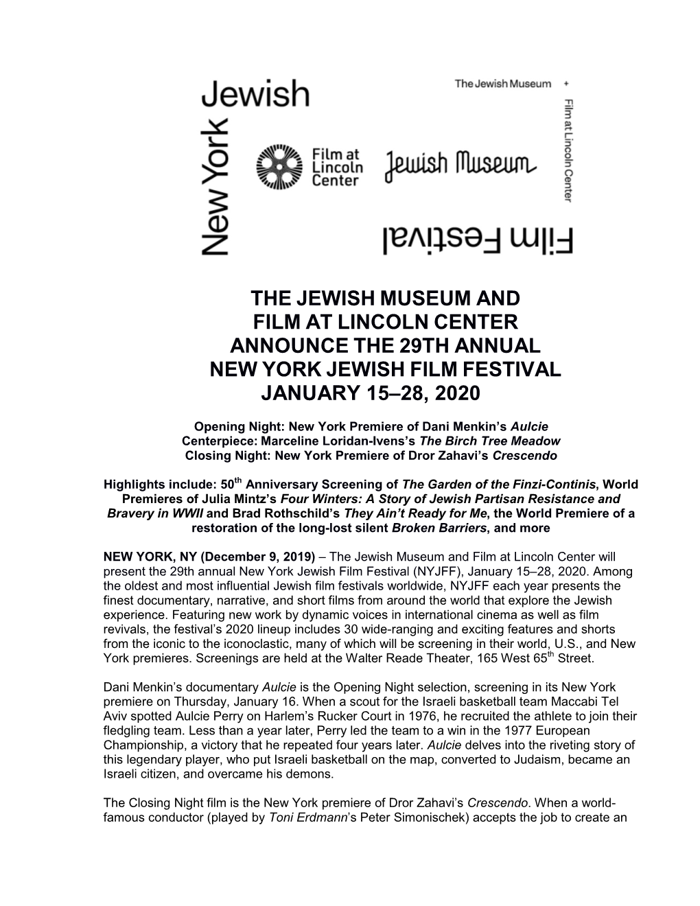 The Jewish Museum and Film at Lincoln Center Announce the 29Th Annual New York Jewish Film Festival January 15–28, 2020