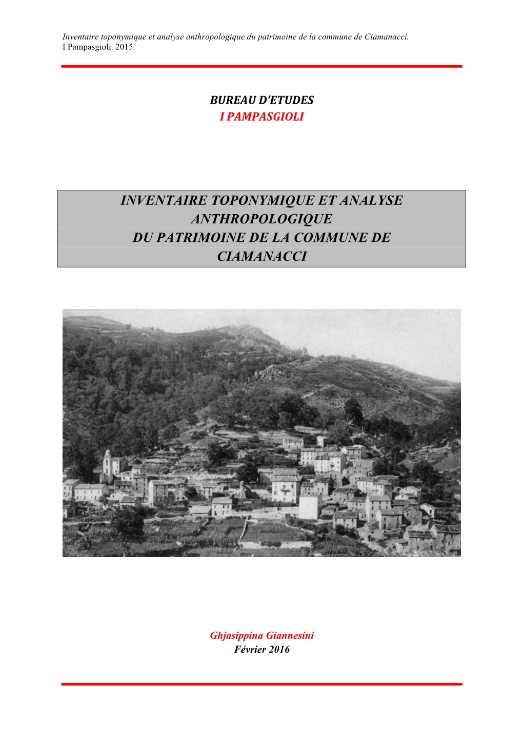 Inventaire Toponymique Et Analyse Anthropologique Du Patrimoine De La Commune De Ciamanacci