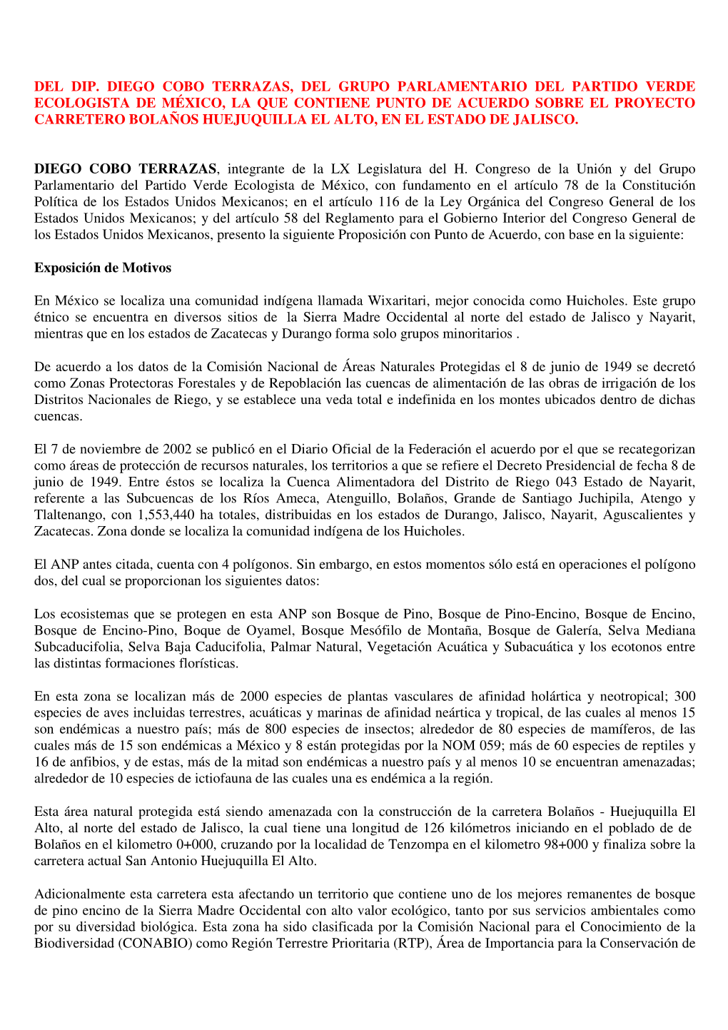 Del Dip. Diego Cobo Terrazas, Del Grupo Parlamentario Del Partido Verde Ecologista De México, La Que Contiene Punto De Acuerdo