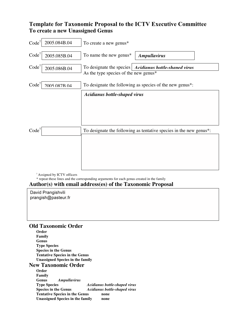 Template for Taxonomic Proposal to the ICTV Executive Committee to Create a New Unassigned Genus