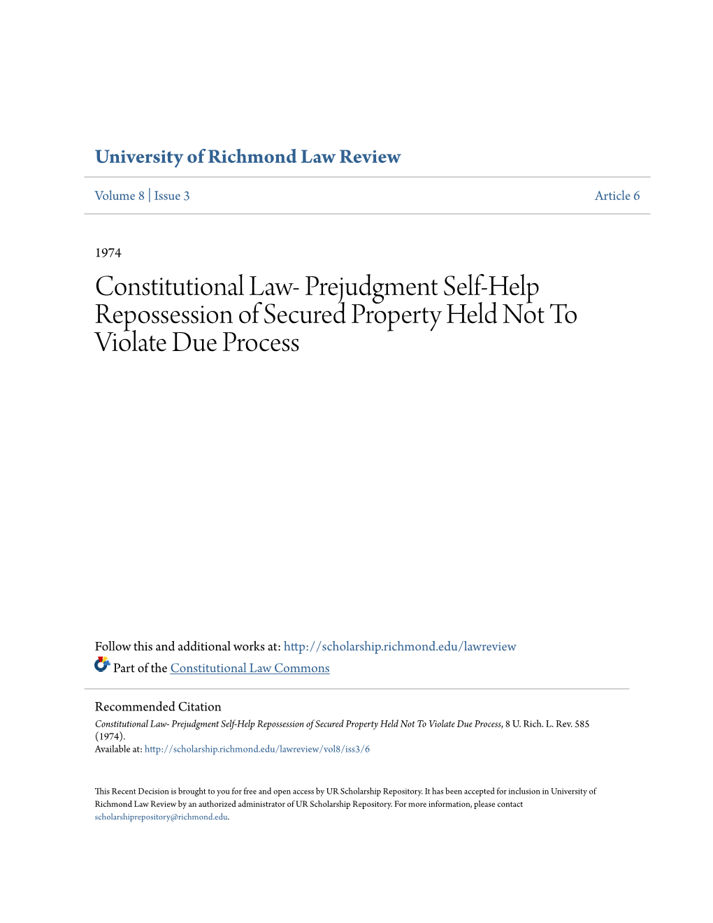 Constitutional Law- Prejudgment Self-Help Repossession of Secured Property Held Not to Violate Due Process