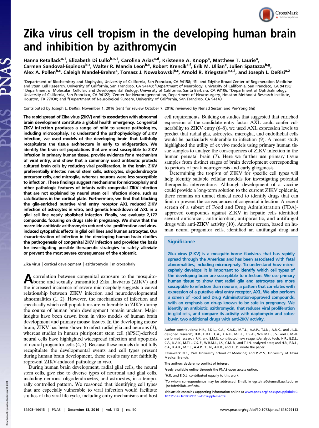 Zika Virus Cell Tropism in the Developing Human Brain and Inhibition by Azithromycin