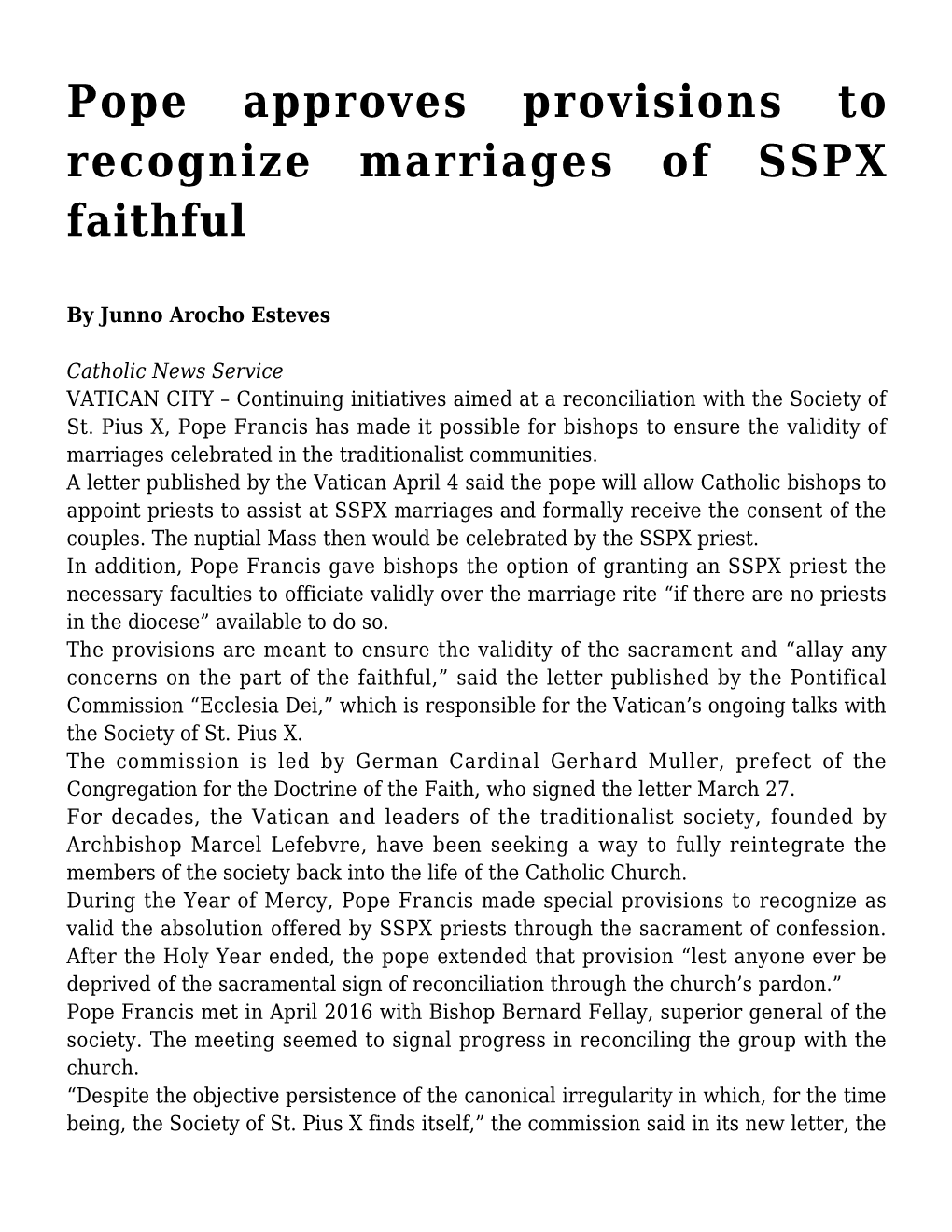 Pope Approves Provisions to Recognize Marriages of SSPX Faithful