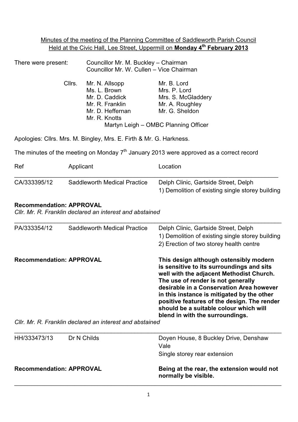 Minutes of the Meeting of the Planning Committee of Saddleworth Parish Council Held at the Civic Hall, Lee Street, Uppermill on Monday 4Th February 2013