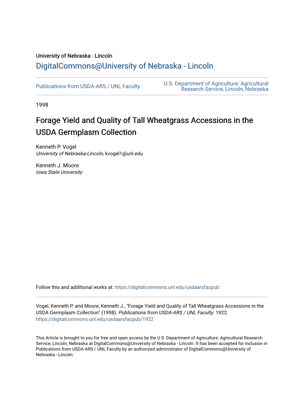Forage Yield and Quality of Tall Wheatgrass Accessions in the USDA Germplasm Collection