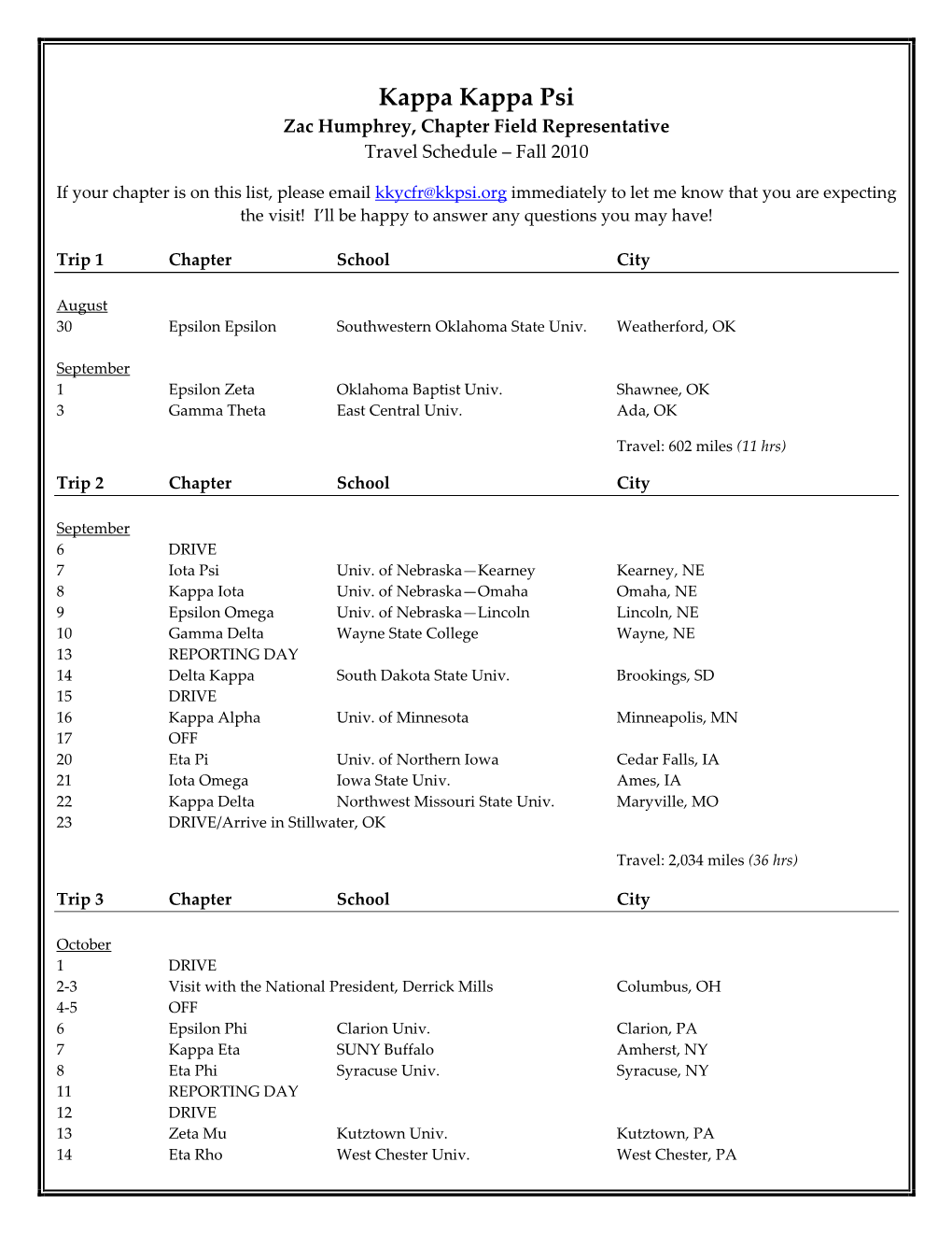 Kappa Kappa Psi Zac Humphrey, Chapter Field Representative Travel Schedule – Fall 2010