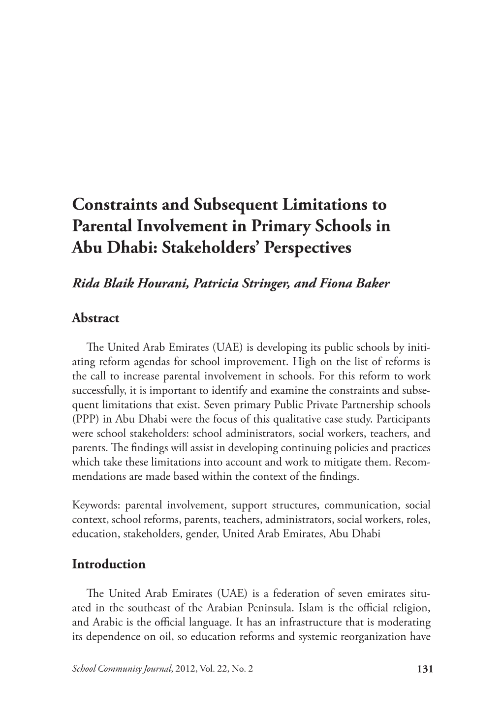 Constraints and Subsequent Limitations to Parental Involvement in Primary Schools in Abu Dhabi: Stakeholders’ Perspectives