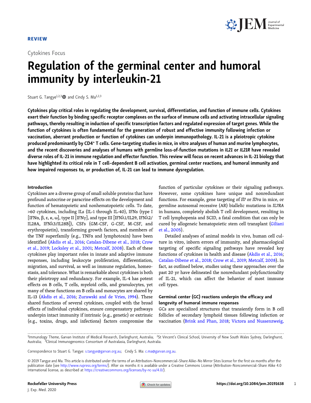 Regulation of the Germinal Center and Humoral Immunity by Interleukin-21