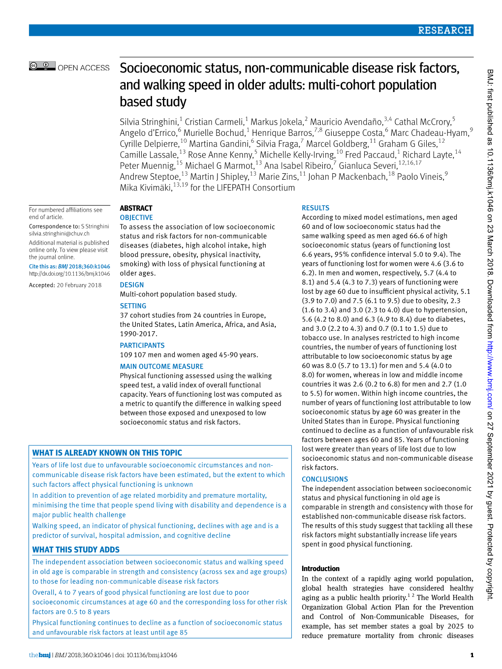 Socioeconomic Status, Non-Communicable Disease Risk Factors, BMJ: First Published As 10.1136/Bmj.K1046 on 23 March 2018