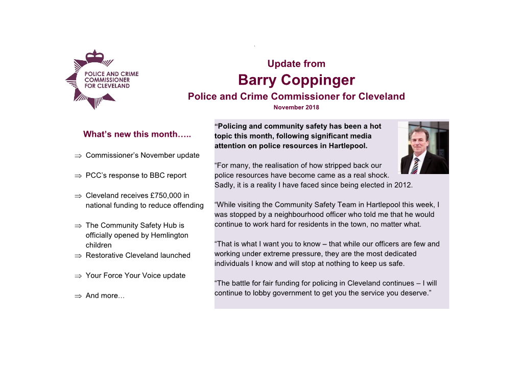 Barry Coppinger Police and Crime Commissioner for Cleveland November 2018