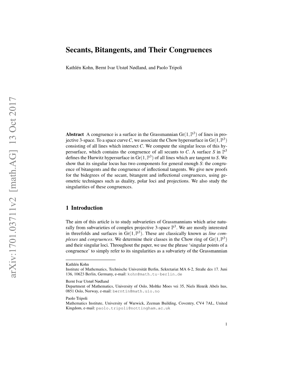 Secants, Bitangents, and Their Congruences