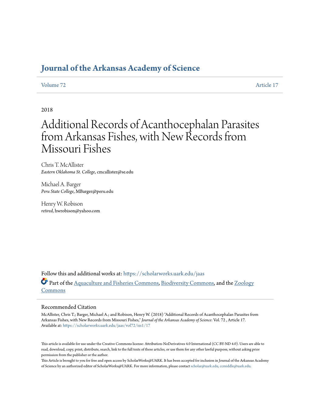 Additional Records of Acanthocephalan Parasites from Arkansas Fishes, with New Records from Missouri Fishes Chris T