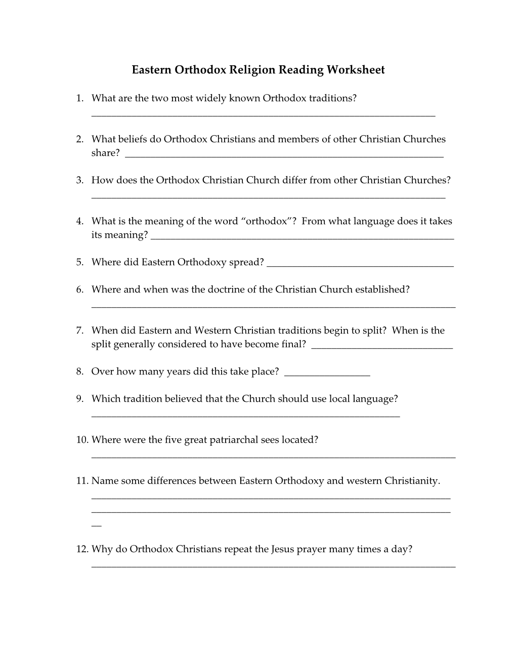 Eastern Orthodox Religion Reading Worksheet