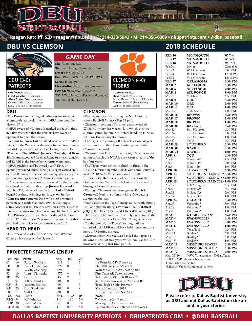 PATRIOT BASEBALL Reagan Ratcliff, SID • Reagan@Dbu.Edu • O: 214-333-5942 • M: 214-356-6309 • Dbupatriots.Com • @Dbu Baseball DBU VS CLEMSON 2018 SCHEDULE