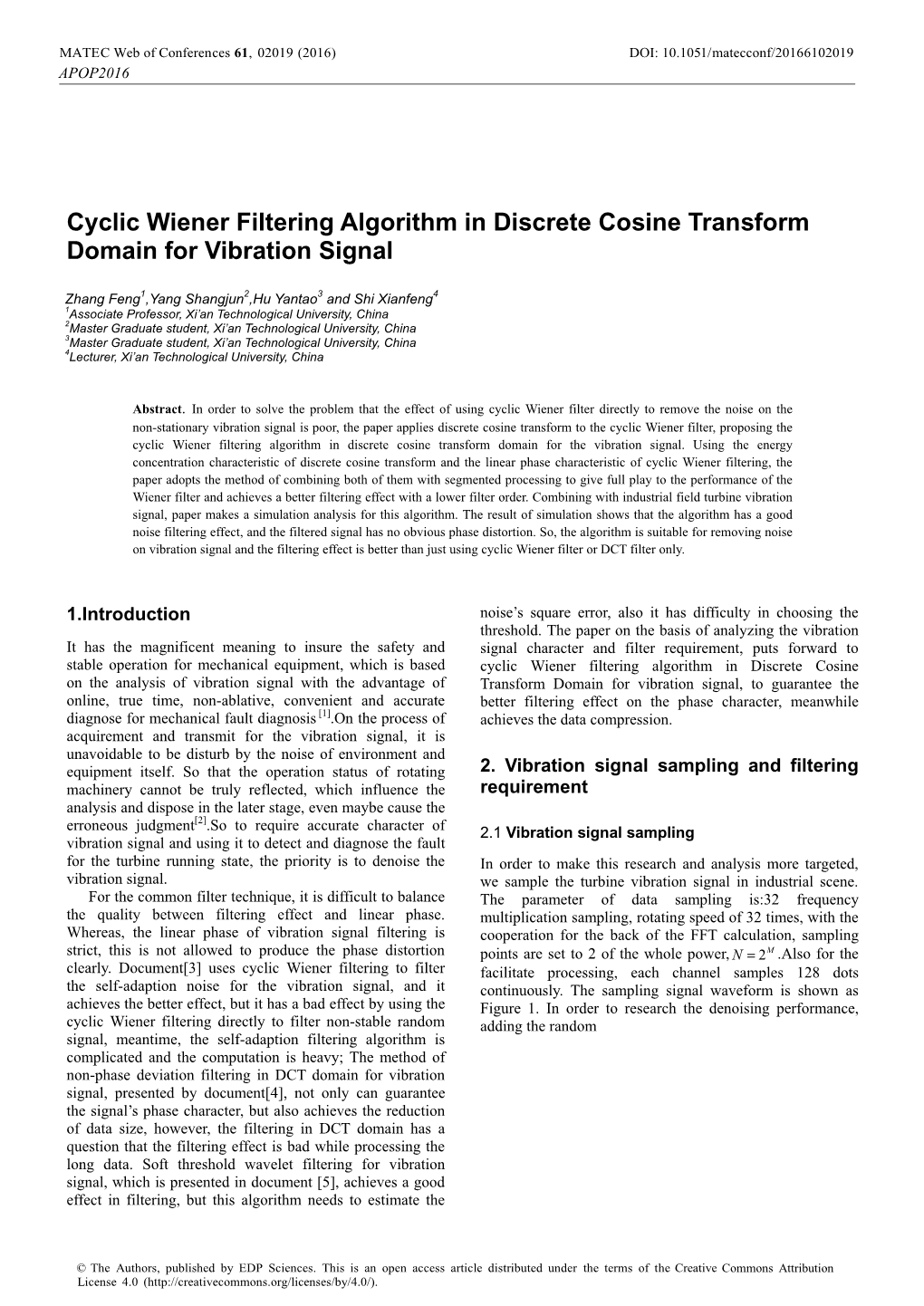 Cyclic Wiener Filtering Algorithm in Discrete Cosine Transform Domain for Vibration Signal