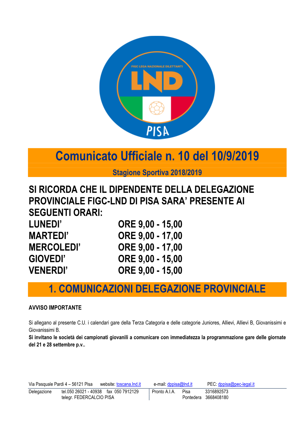 Comunicato Ufficiale N. 10 Del 10/9/2019