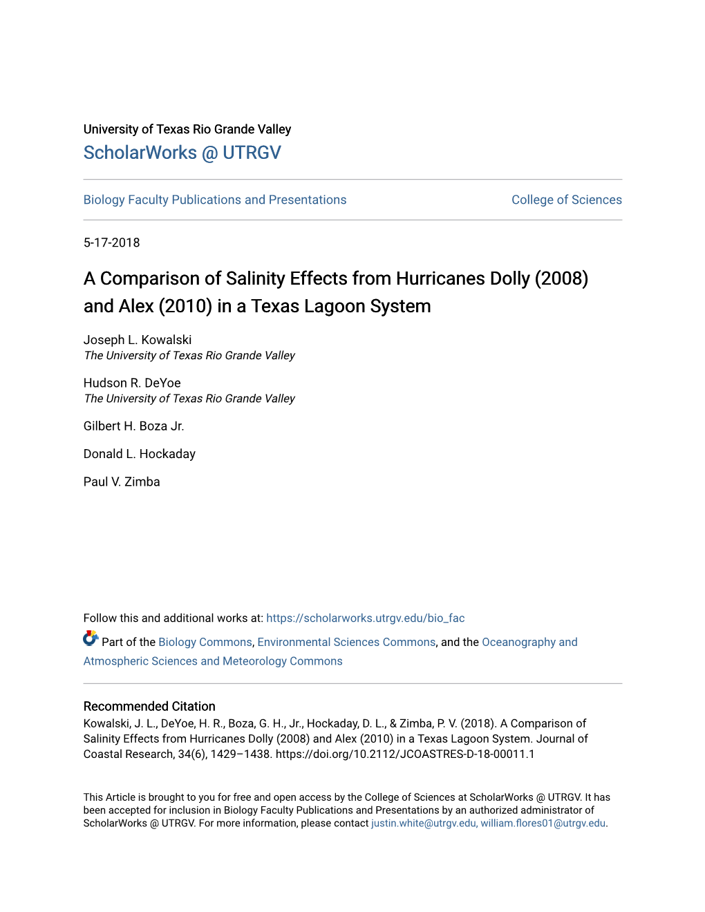 A Comparison of Salinity Effects from Hurricanes Dolly (2008) and Alex (2010) in a Texas Lagoon System