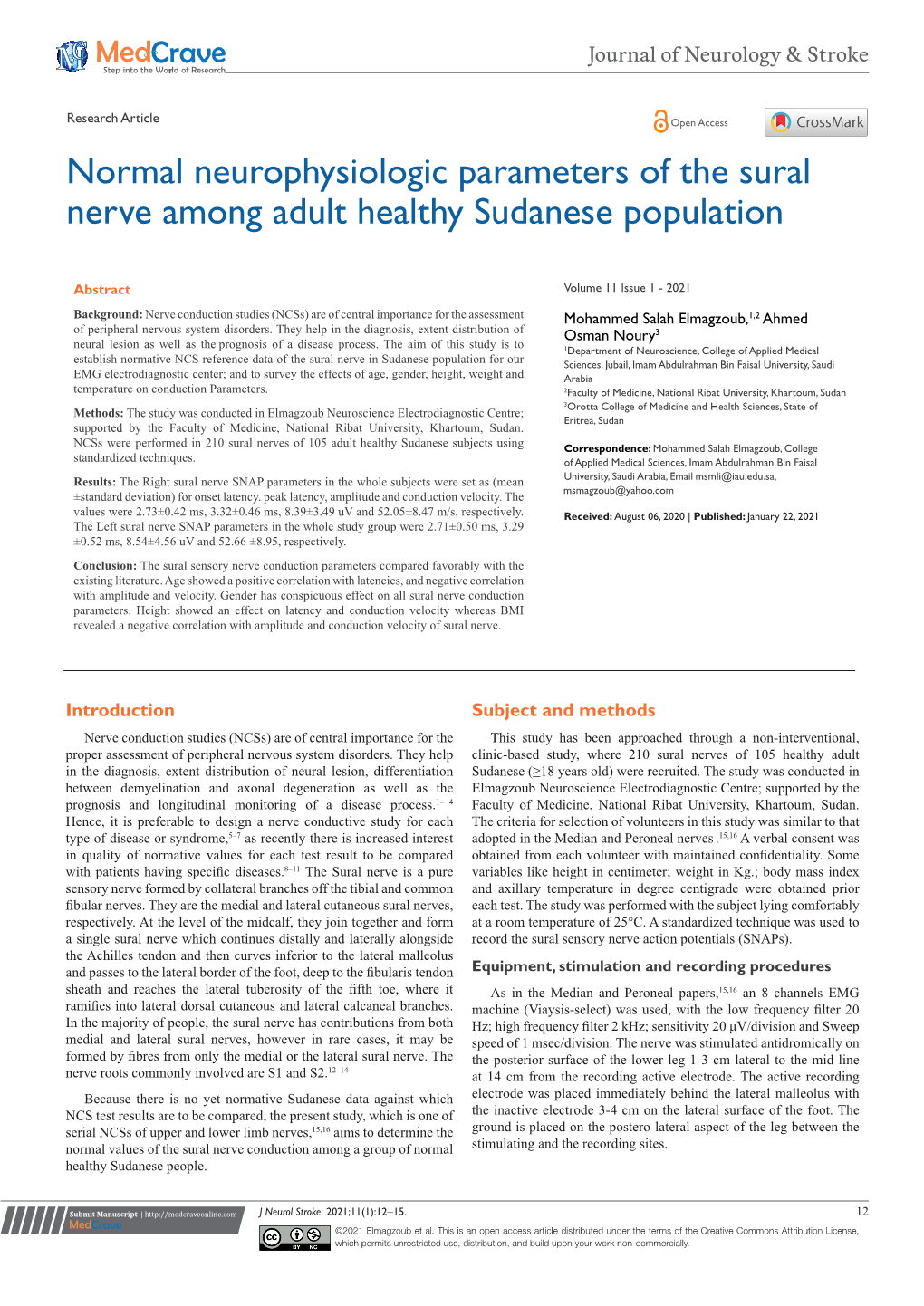 Normal Neurophysiologic Parameters of the Sural Nerve Among Adult Healthy Sudanese Population