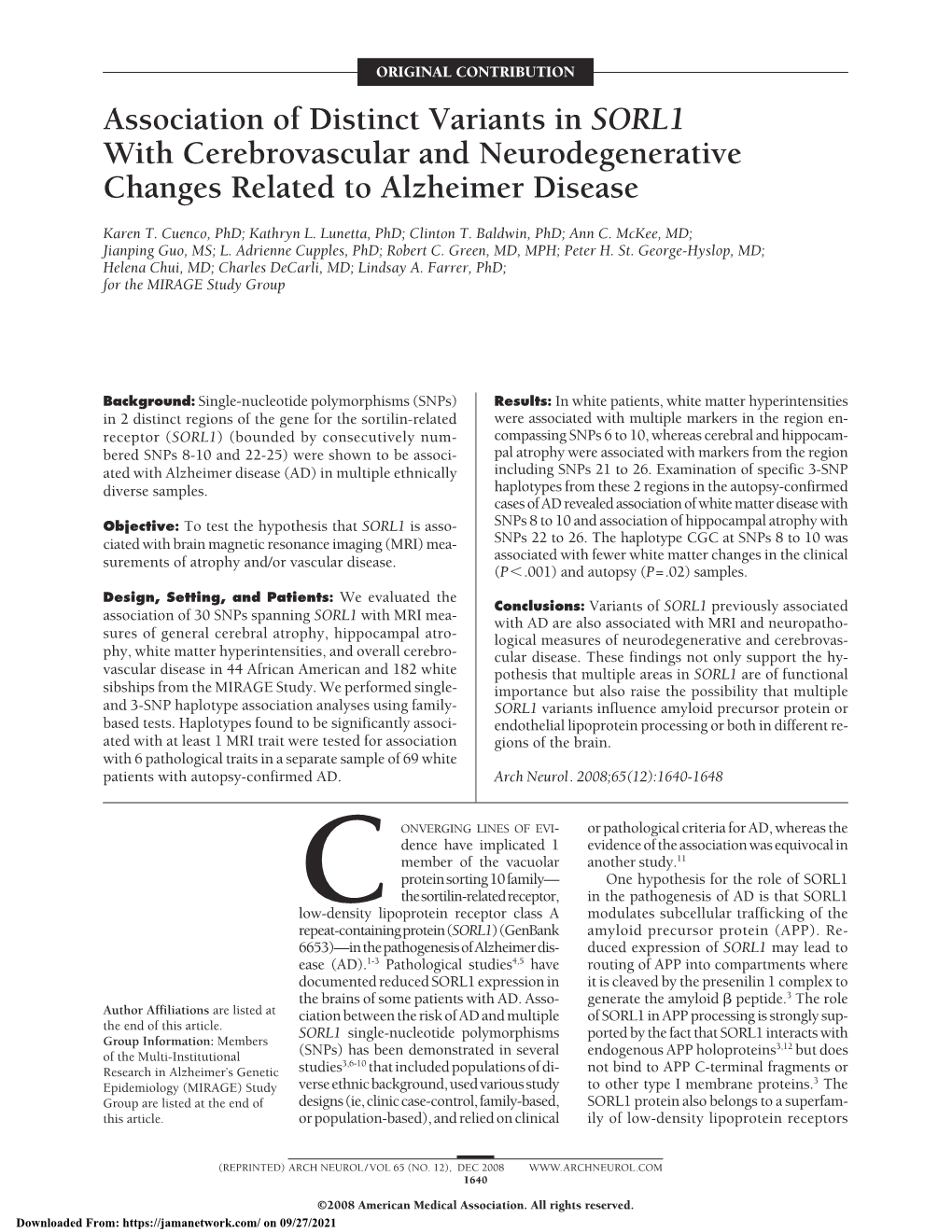 Association of Distinct Variants in SORL1 with Cerebrovascular and Neurodegenerative Changes Related to Alzheimer Disease