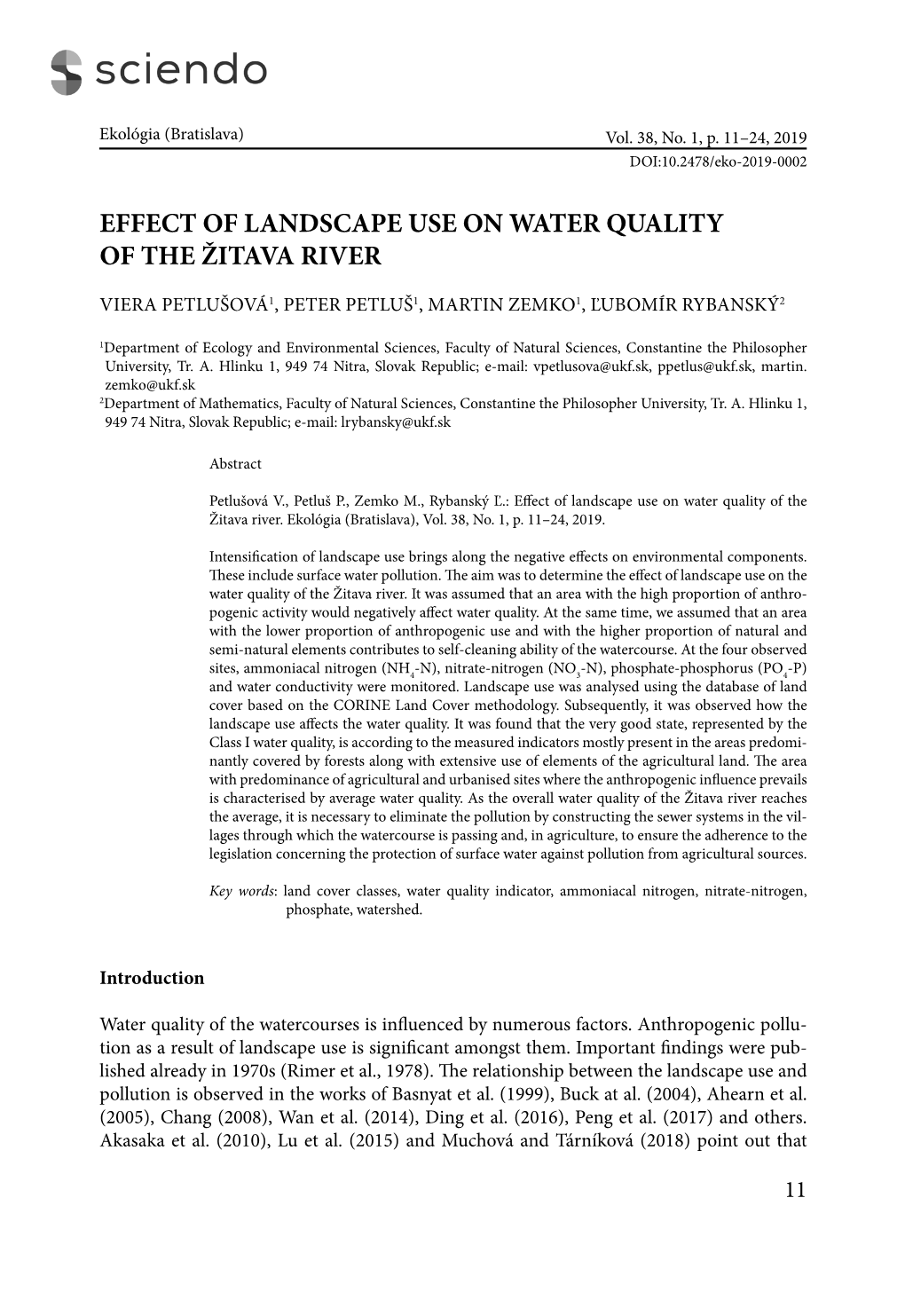 Effect of Landscape Use on Water Quality of the Žitava River