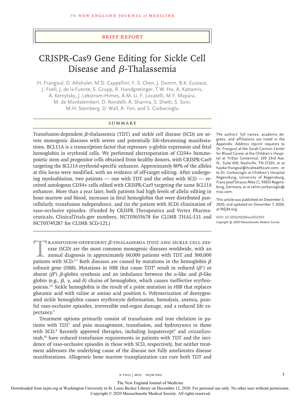 CRISPR-Cas9 Gene Editing for Sickle Cell Disease and Β-Thalassemia