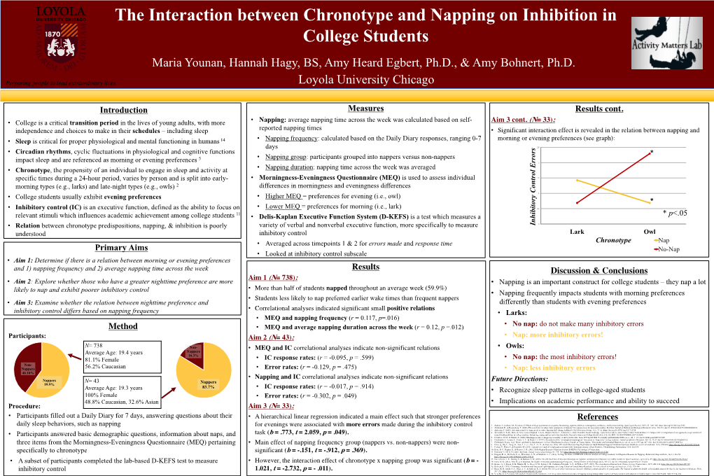 The Interaction Between Chronotype and Napping on Inhibition in College Students Maria Younan, Hannah Hagy, BS, Amy Heard Egbert, Ph.D., & Amy Bohnert, Ph.D