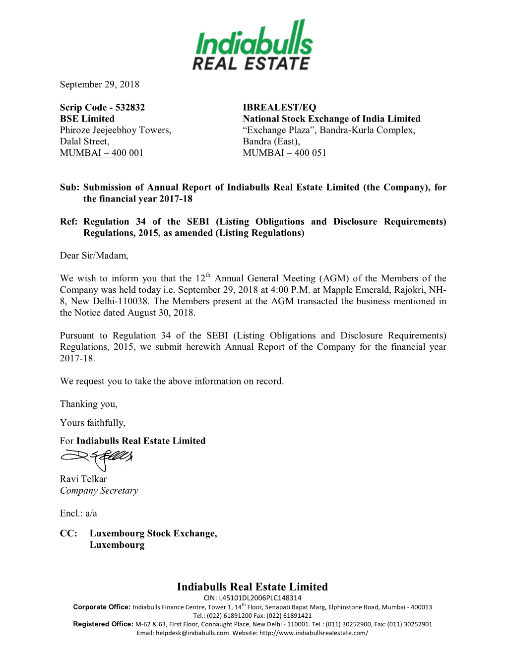 Indiabulls Real Estate Limited (The Company), for the Financial Year 2017-18