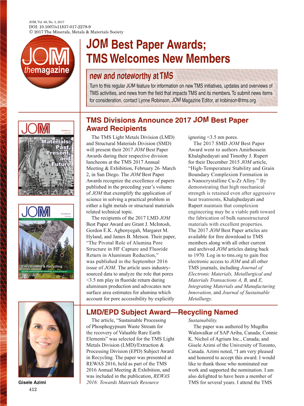 JOM Best Paper Awards; TMS Welcomes New Members