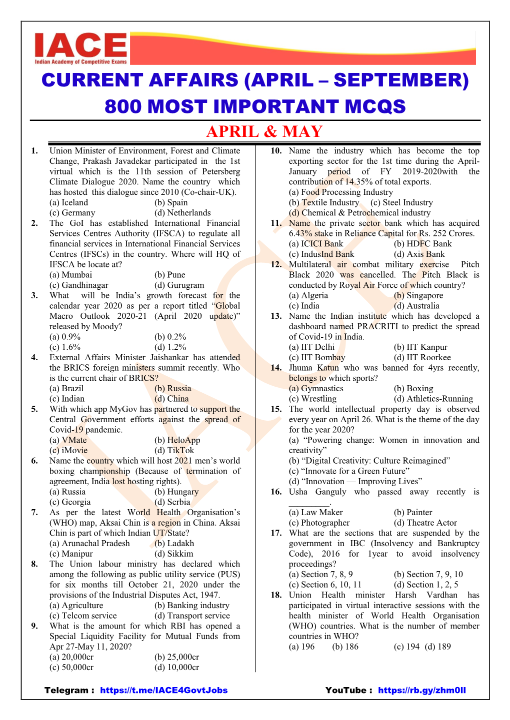 Current Affairs (April – September) 800 Most Important Mcqs