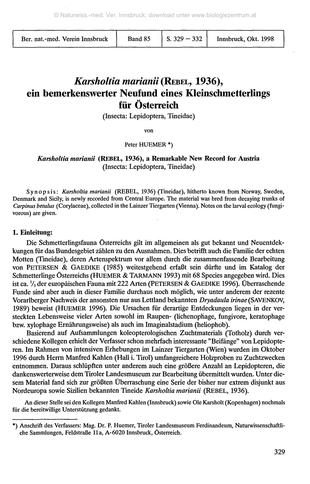Karsholtia Marianii (REBEL, 1936), Ein Bemerkenswerter Neufund Eines Kleinschmetterlings Für Österreich (Insecta: Lepidoptera, Tineidae)